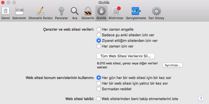 safari gizlilik